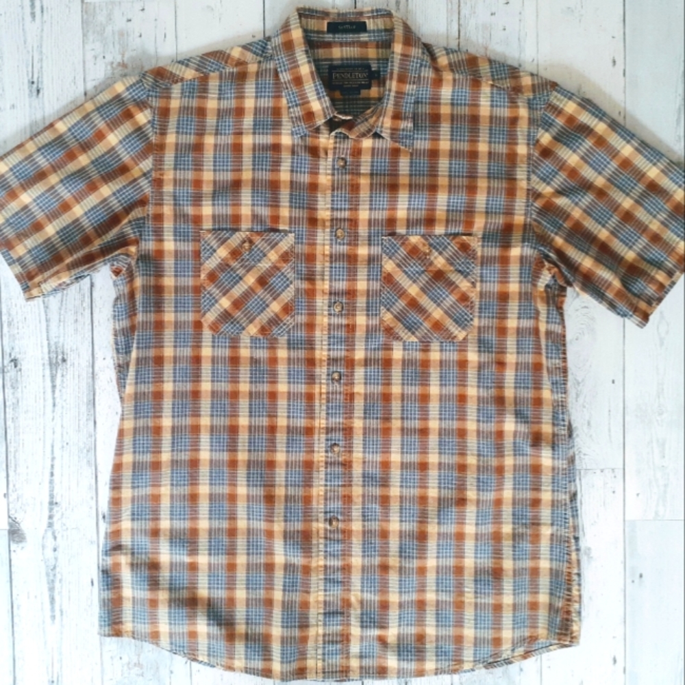 Pendleton Santiam Short Sleeve Plaid Button Front Shirt Mens L Large Outdoor EUC